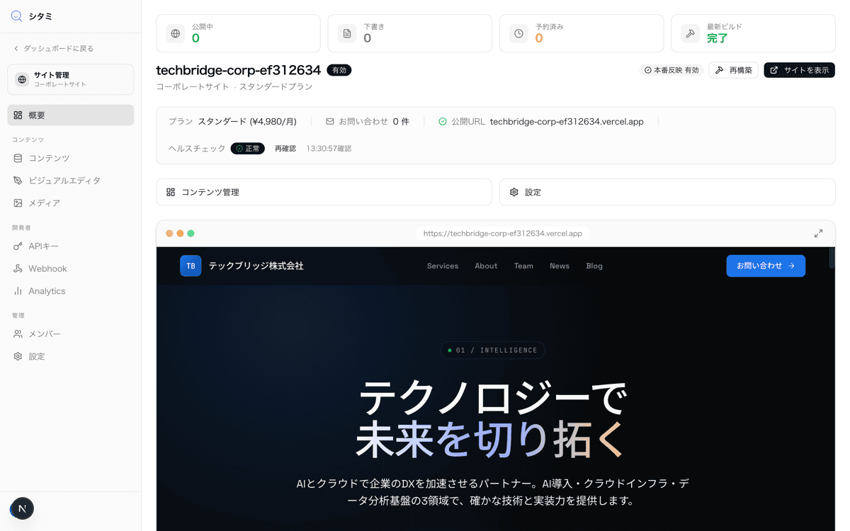 サイト詳細画面とサイドバーメニュー
